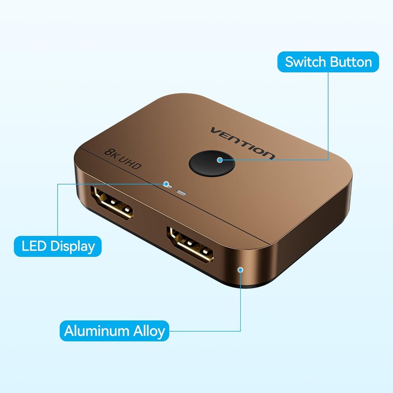 VENTION 8K 2x1 HDMI Switch, 4K@120Hz HDMI Splitter Switcher, 2 in 1 Out with LED Indicators, Supports HDR, 3D, Dolby, Compatible with Laptops, PC, Xbox Series, PS5/4/3, Blue Ray, Projector - Image 2